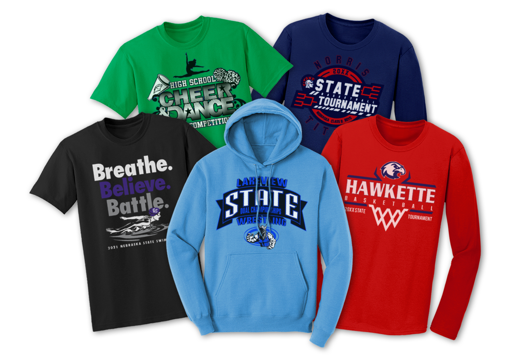 Screen printed t-shirts with state tournament custom designs.
